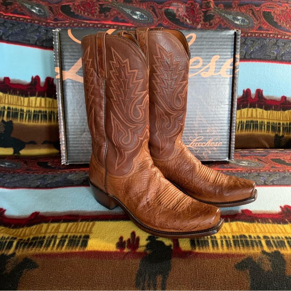 LUCCHESE SMOOTH OSTRICH BROWN SNIP TOE MENS WESTERN BOOTS.